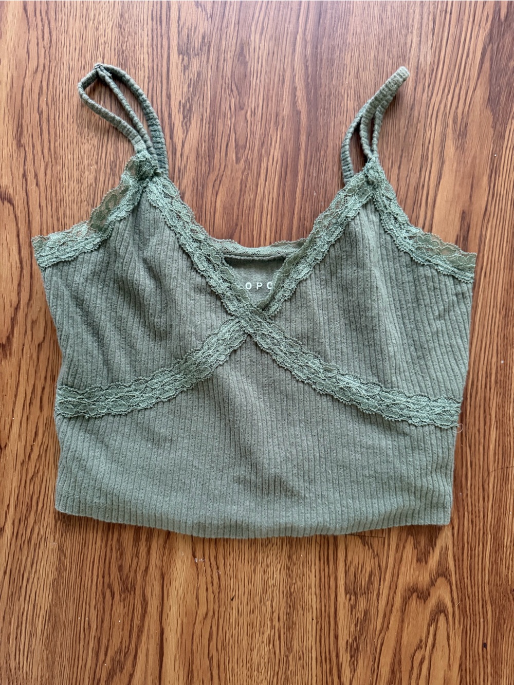 Aeropostale Olive Ribbed Lace-Trim Cropped Cami